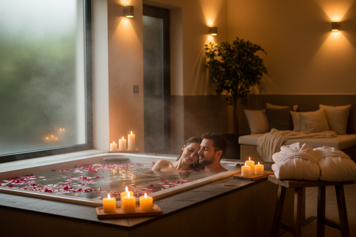 Couple in a hot tub with candles and rose petals, surrounded by soft lighting and decor.