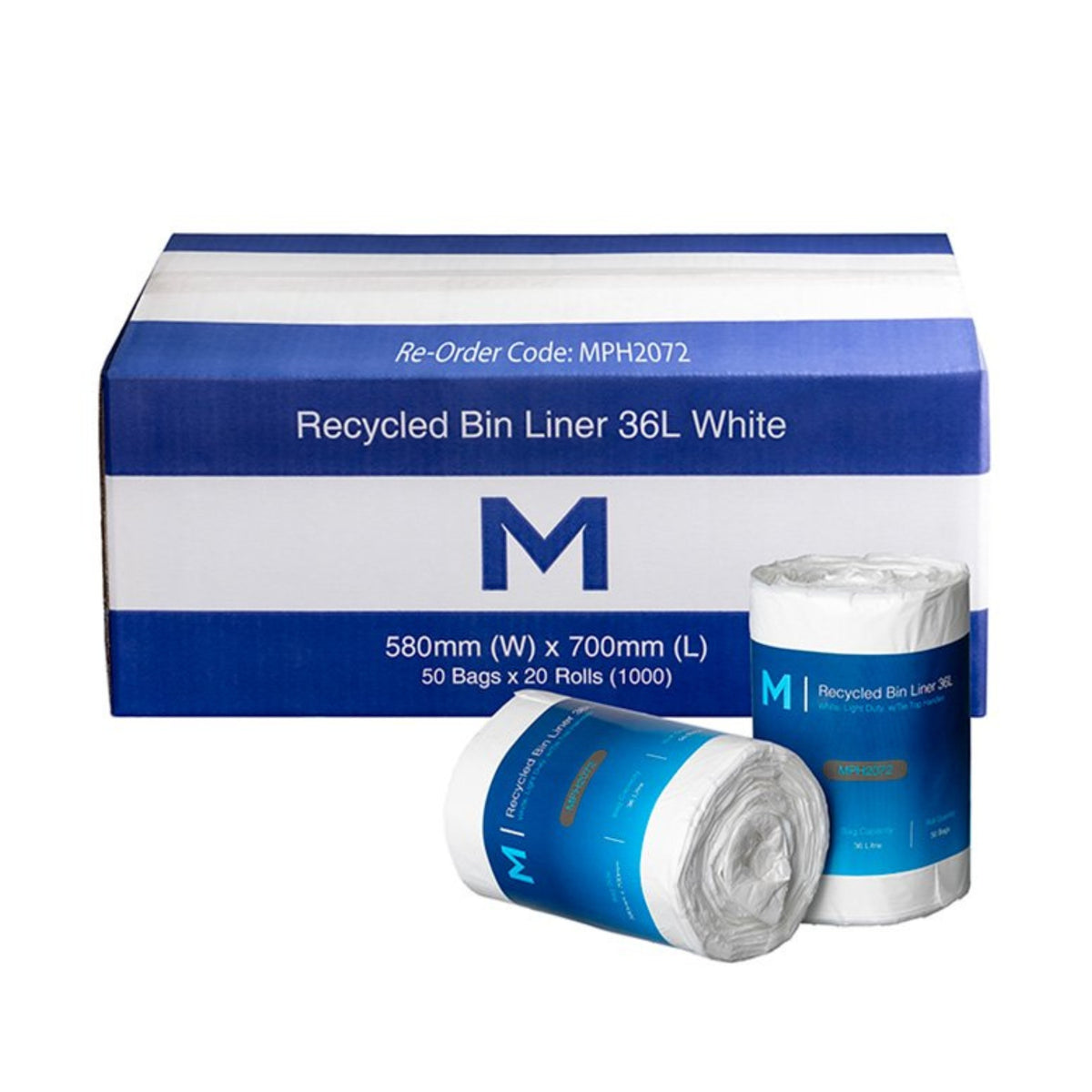 Matthews POR Recycled Bin Liner w/Handles 36L - White, 580mm x 700mm x 15mu