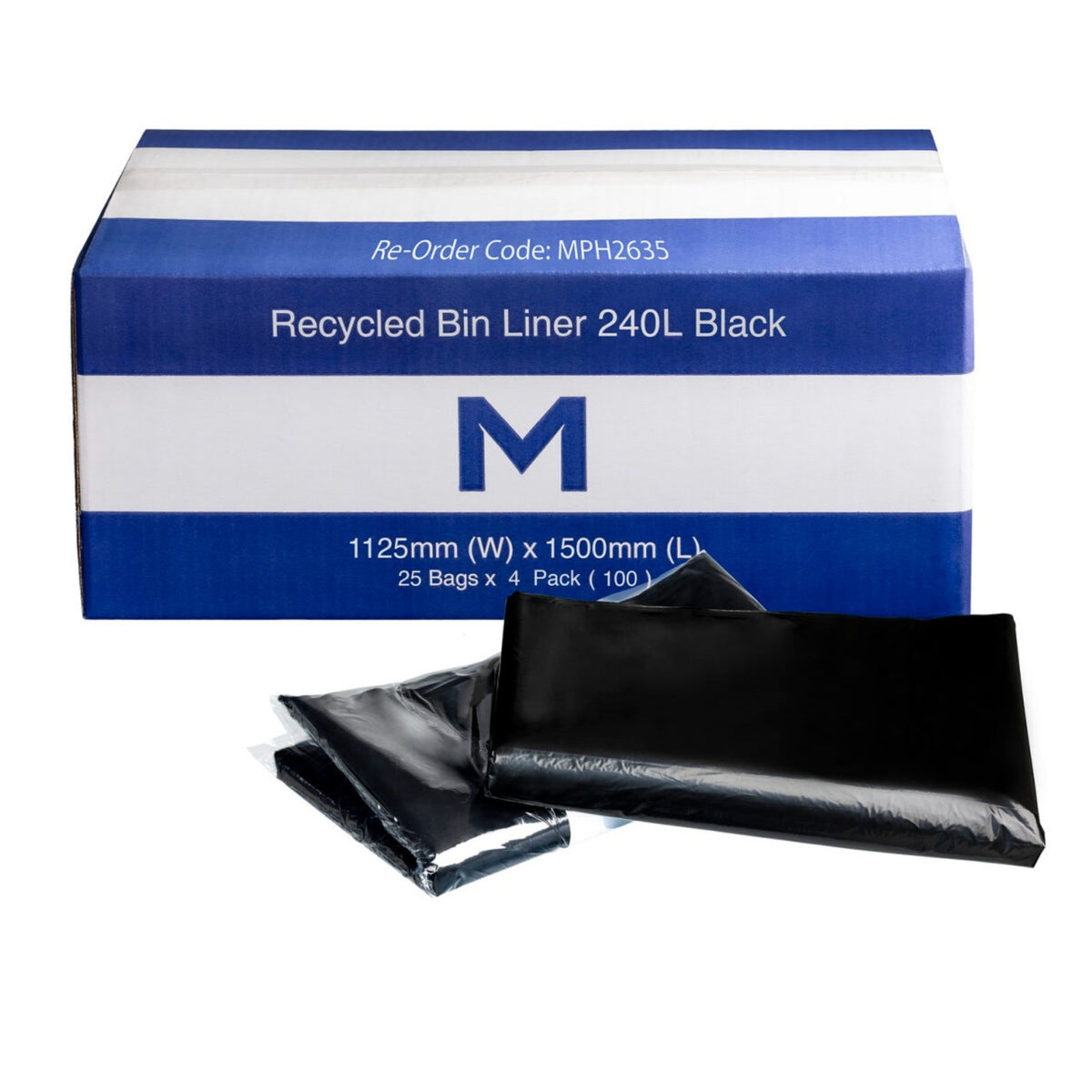 FP Recycled Bin Liner 240L - Black, 1125mm x 1500mm x 50mu