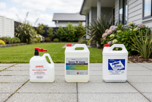 Moss Boss Ready to Use, Moss Boss Concentrate and Clorodux Bleach containers on an outdoor patio.