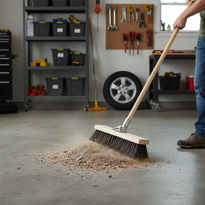 A push broom with a light wood handle, dark brown bristles, and a red plastic handle tip, shown against a plain white background.