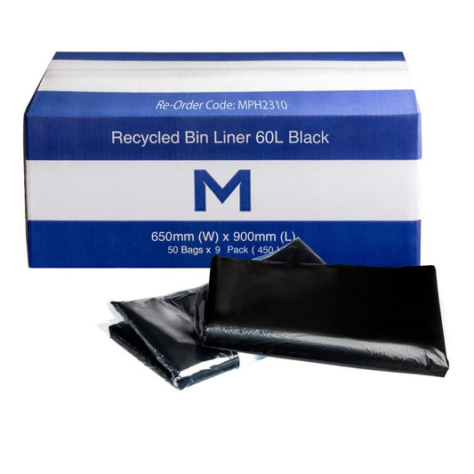 Matthews FP Recycled Bin Liner 60L - Black, 650mm x 900mm x 30mu