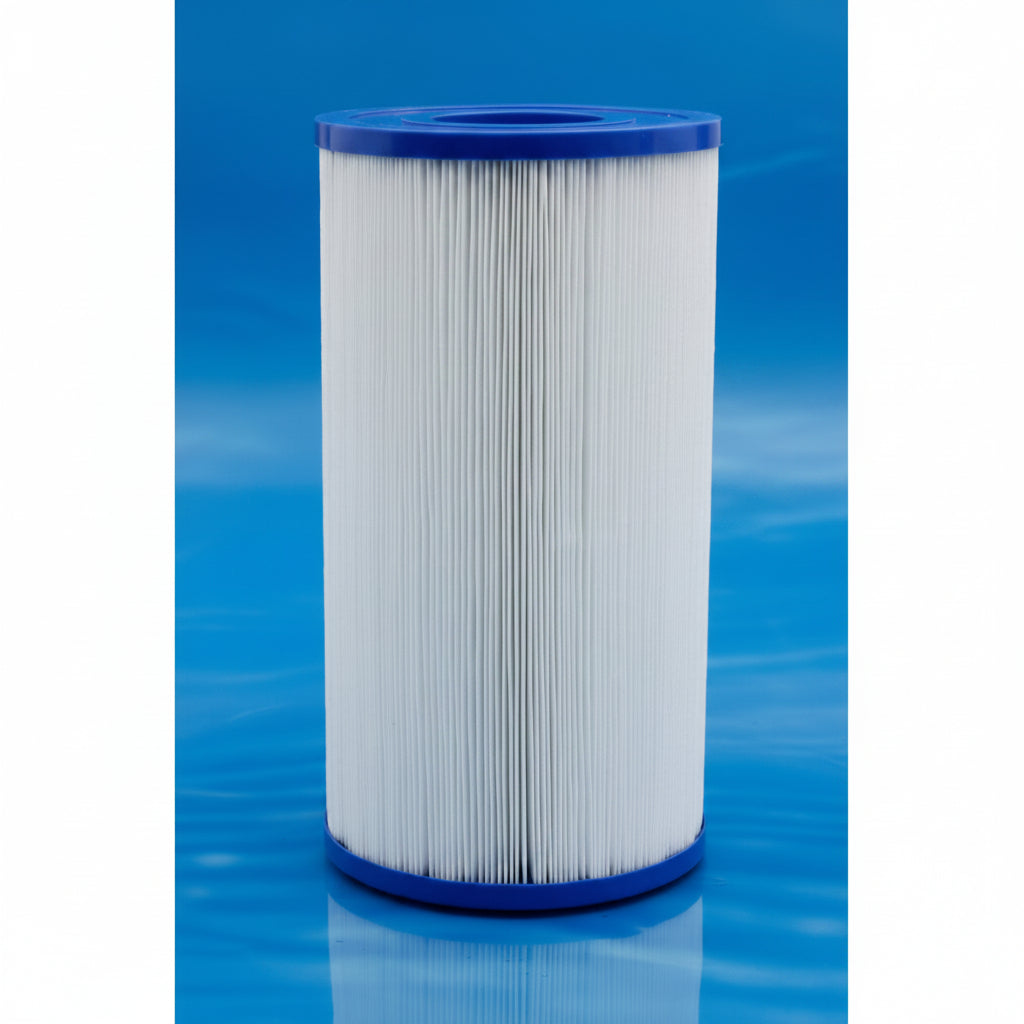 A cylindrical pleated pool or spa filter cartridge with white filter media and blue plastic end caps, shown against a blue gradient background.